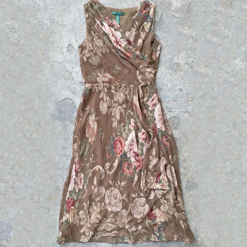 Vintage 1990's Ralph Lauren Brown Silk Floral Crepe Wrap Dress